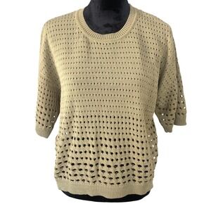 DKNY Classic Open Knit Olive Green‎ Short Sleeve Crew Neck Women's Top Sz L